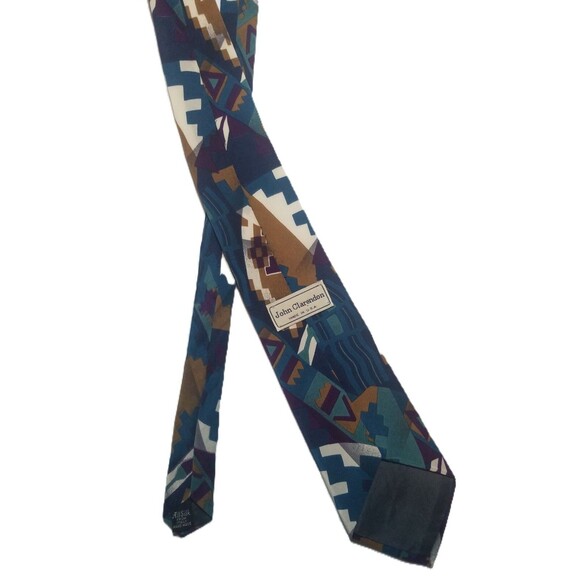 John Clarendon Mens Dress Tie Blue Geometric 100% Silk Designer - Picture 5 of 5